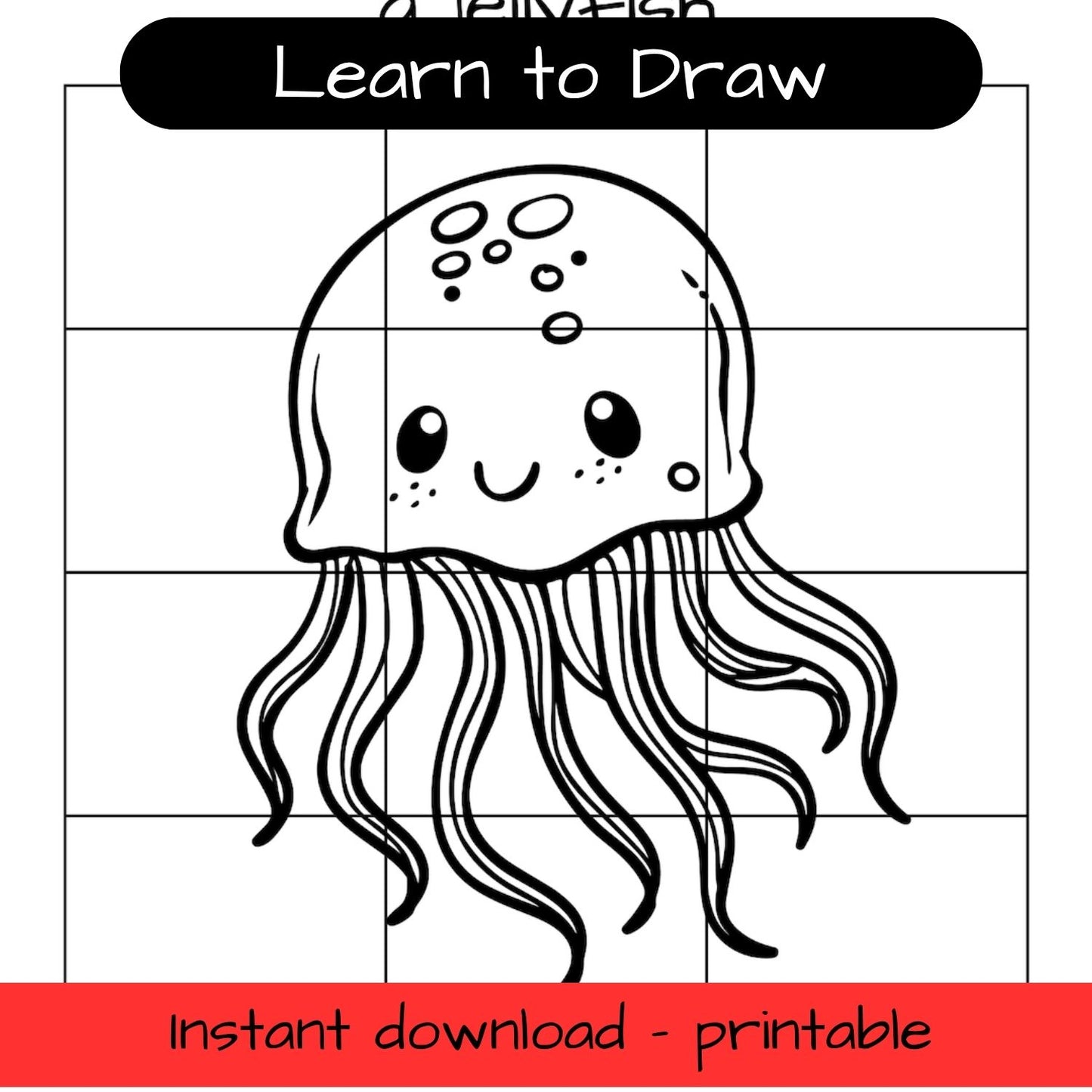Learn to Draw - Jellyfish - grid drawing printable activity