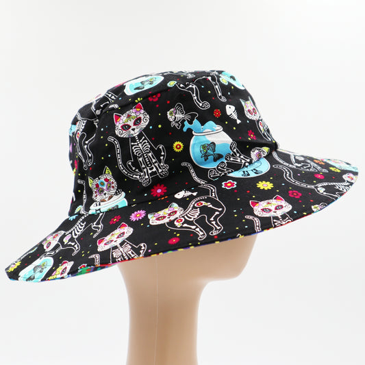 Reversible Sun Hat - Ladies & Girls sizes - day of the dead cats