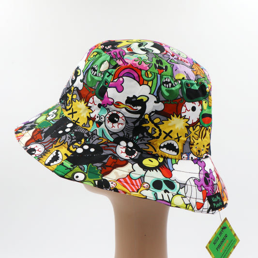 Teen / Mens Reversible Bucket Hat - halloween monsters