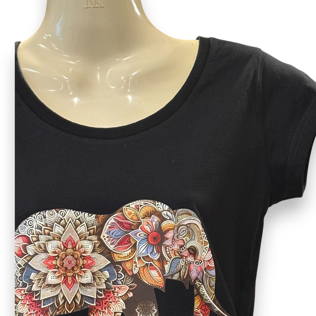 Ladies printed t-shirt - elephant - floral mandala