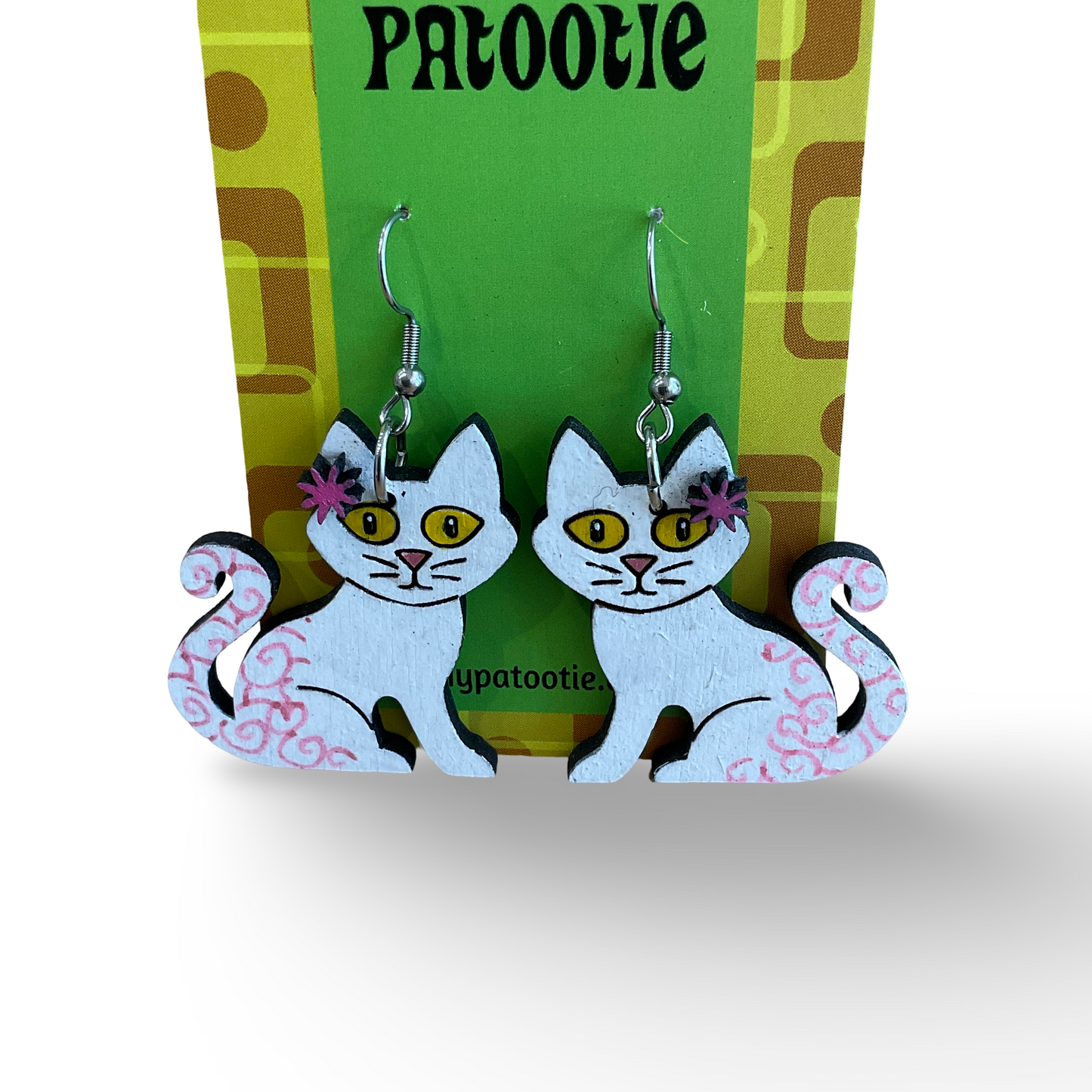 White kitten / cat wooden earrings