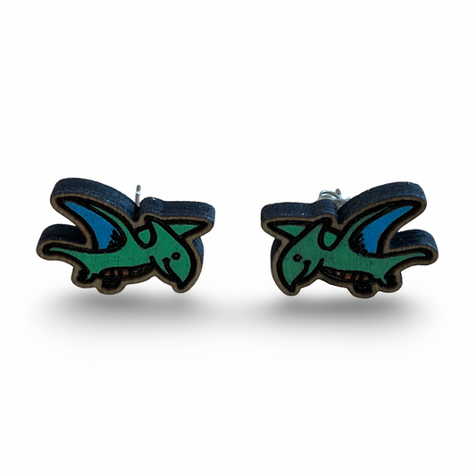 Pterodactyl dinosaur studs - wooden, hand painted earrings