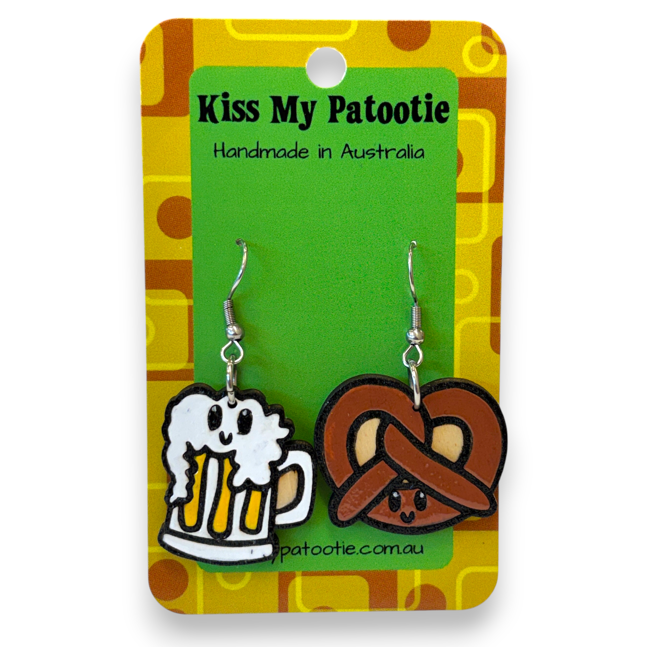 Wooden beer and pretzel earrings
