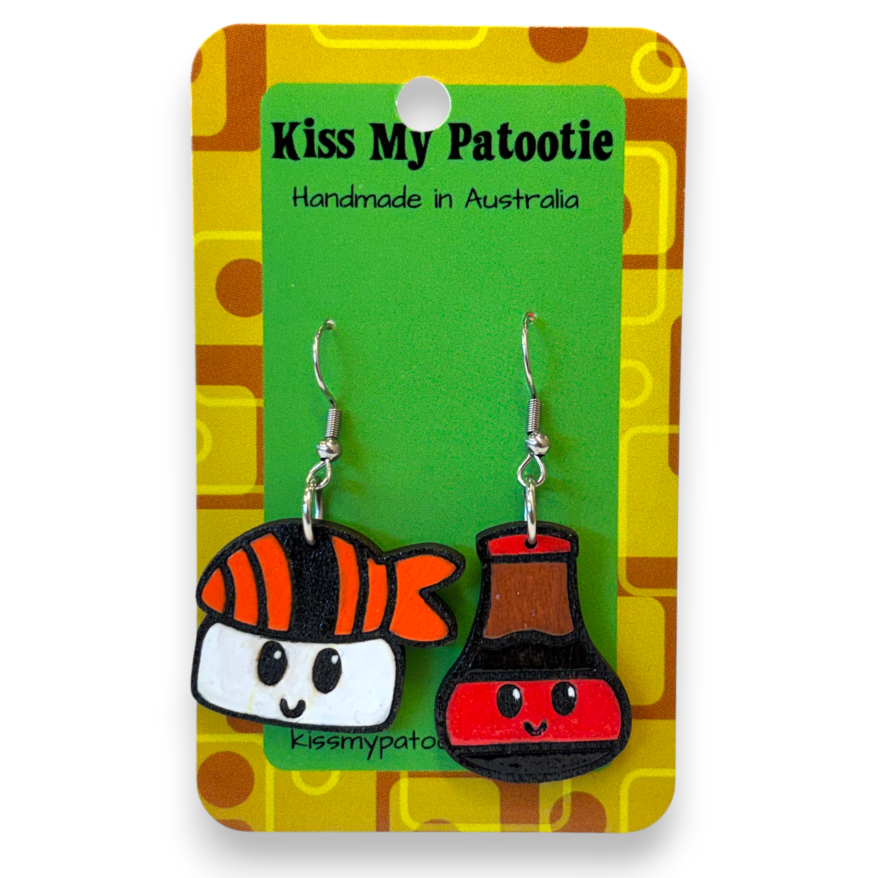 Wooden sushi and soy sauce earrings