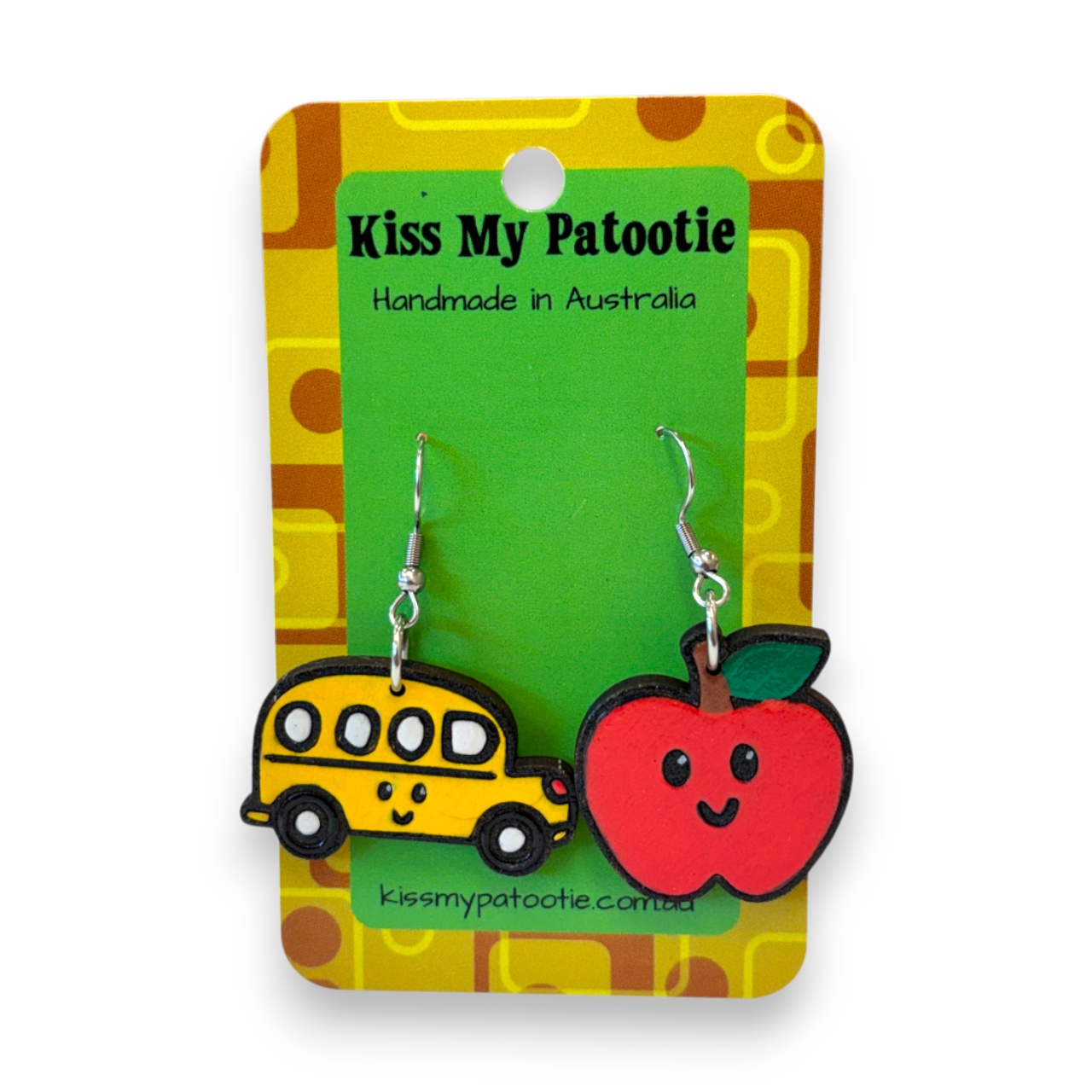 Wooden teacher earrings - school bus and apple