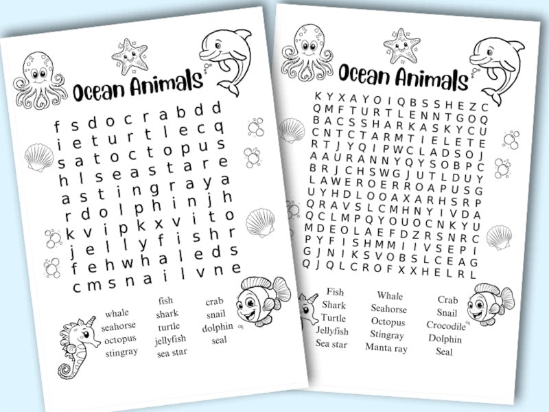 Printable Ocean Animals colouring in word search / find a word