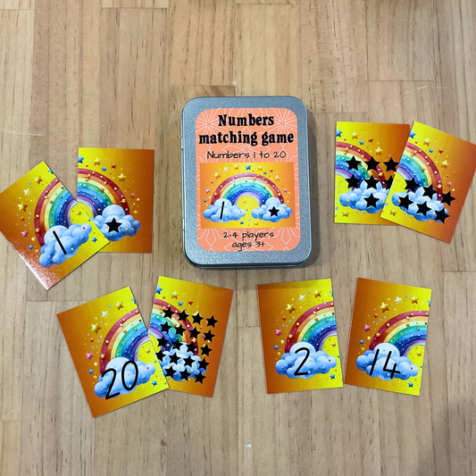 Rainbow Numbers matching card game in tin