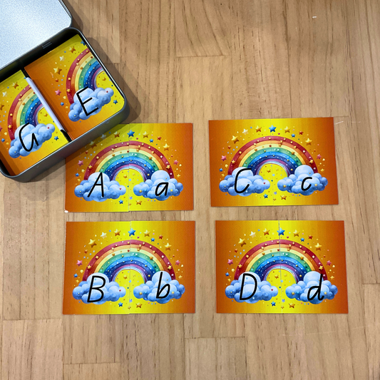 Rainbow Alphabet matching card game in tin