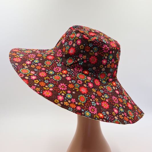 Wide Brim Reversible Sun Hat, Ladies / Girls sizes avail - brown floral