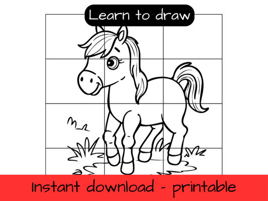 Learn to Draw - Horse - printable grid drawing activity