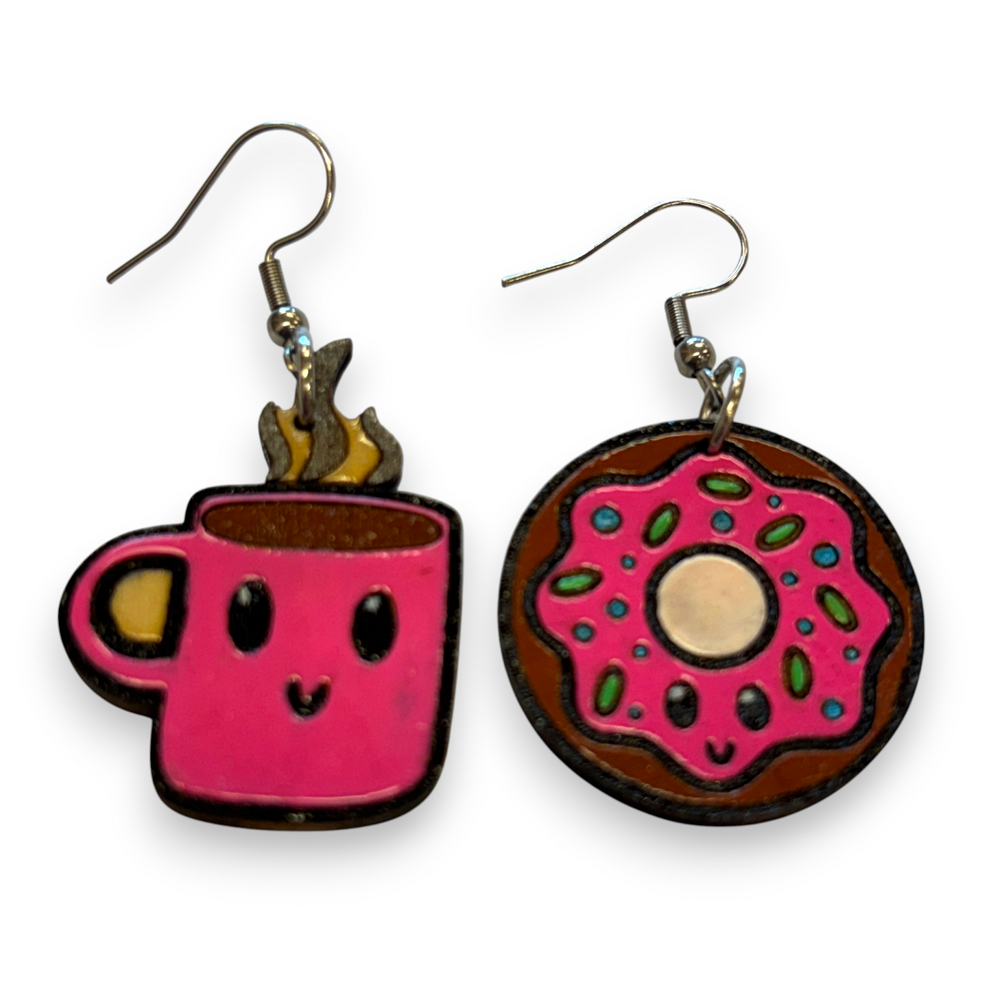 Wooden coffee and donut earrings