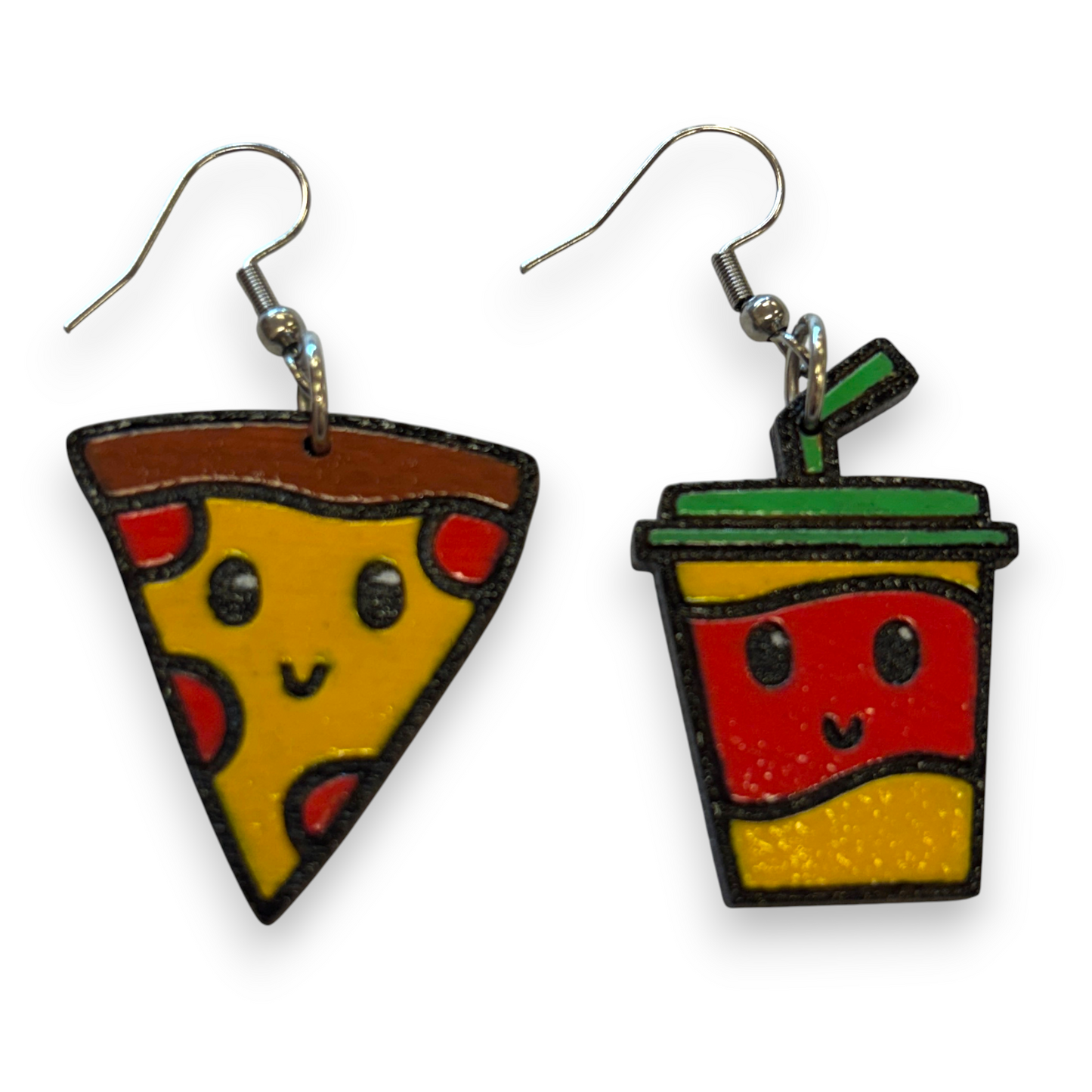 Wooden pizza and drink earrings