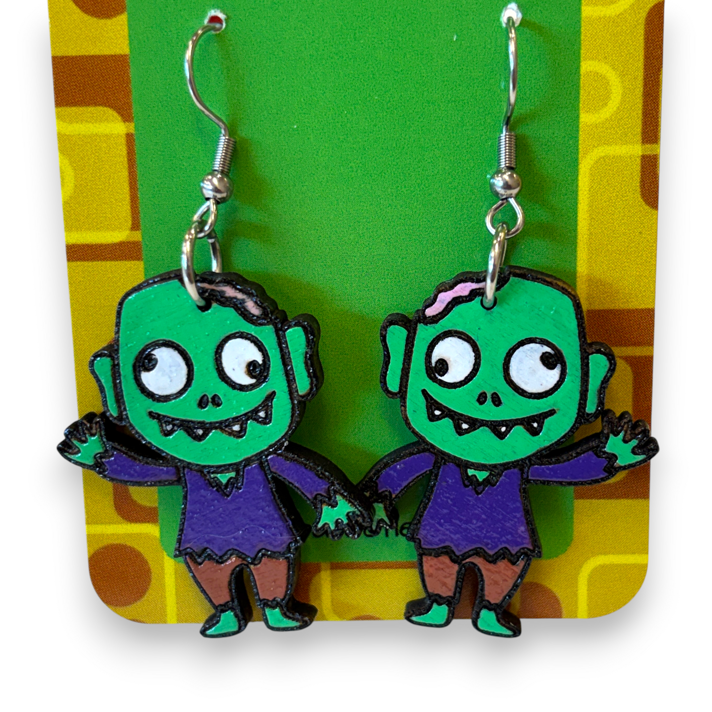Wooden zombie Halloween earrings