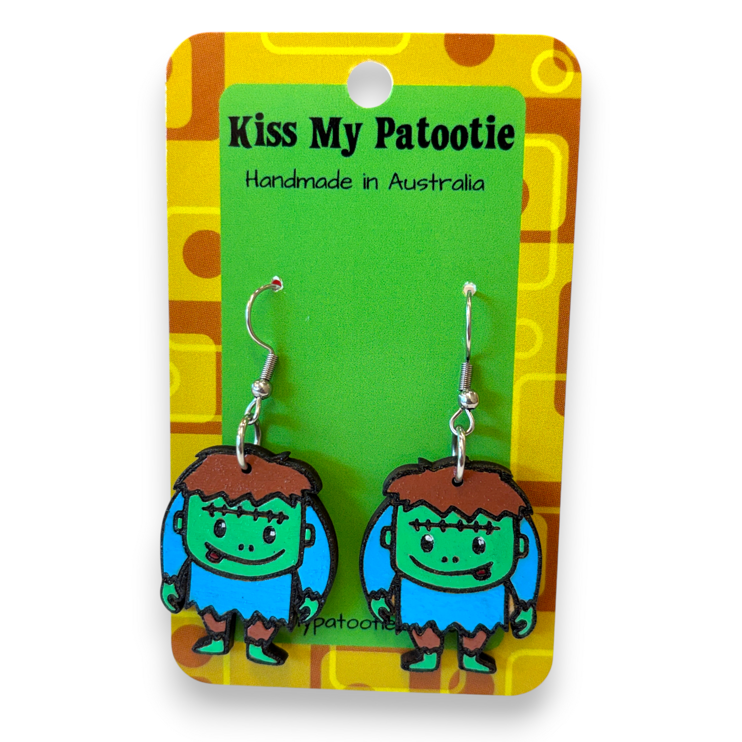 Wooden Frankenstein Halloween earrings