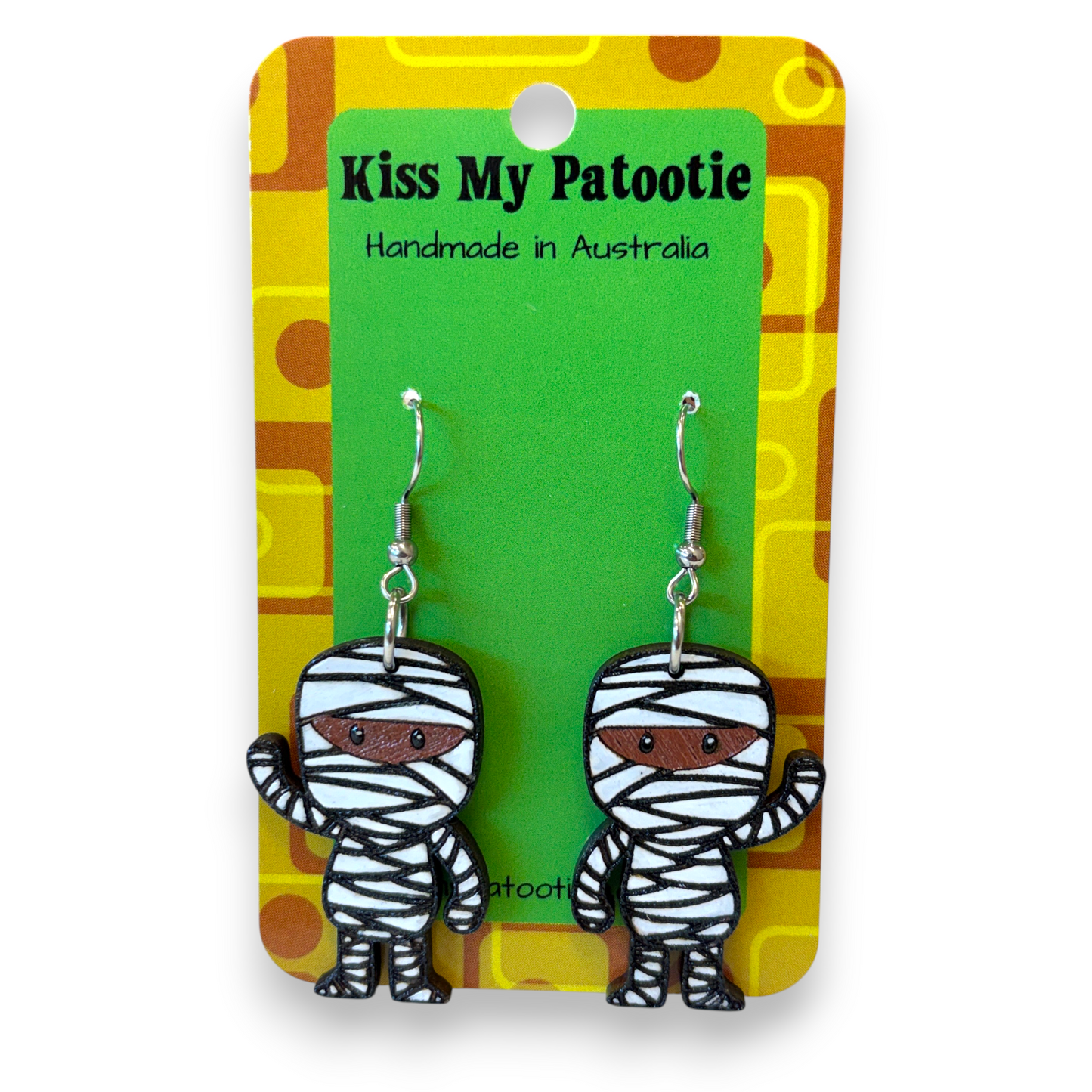 Wooden mummy Halloween earrings