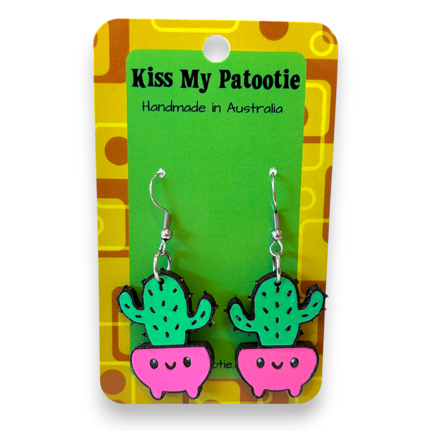 Wooden pot plant earrings - cactus