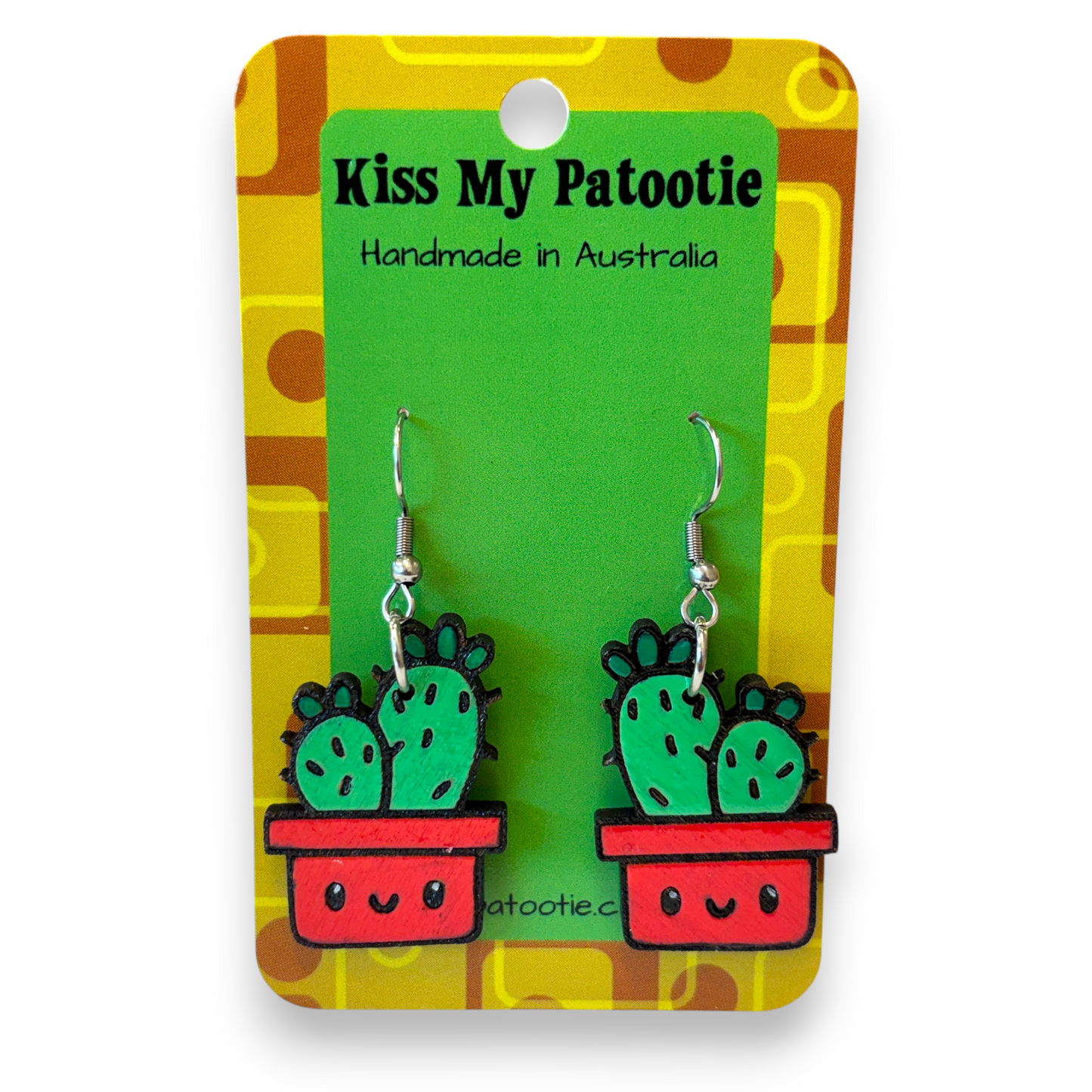 Wooden pot plant earrings - cactus