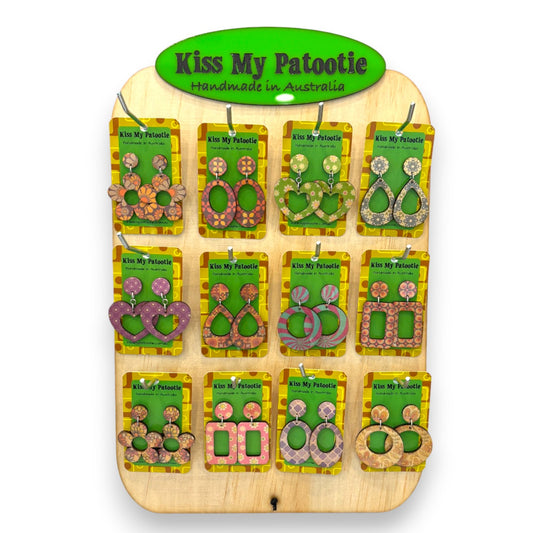 Retro wooden earrings wholesale starter pack - 24 x earrings & Free display stand