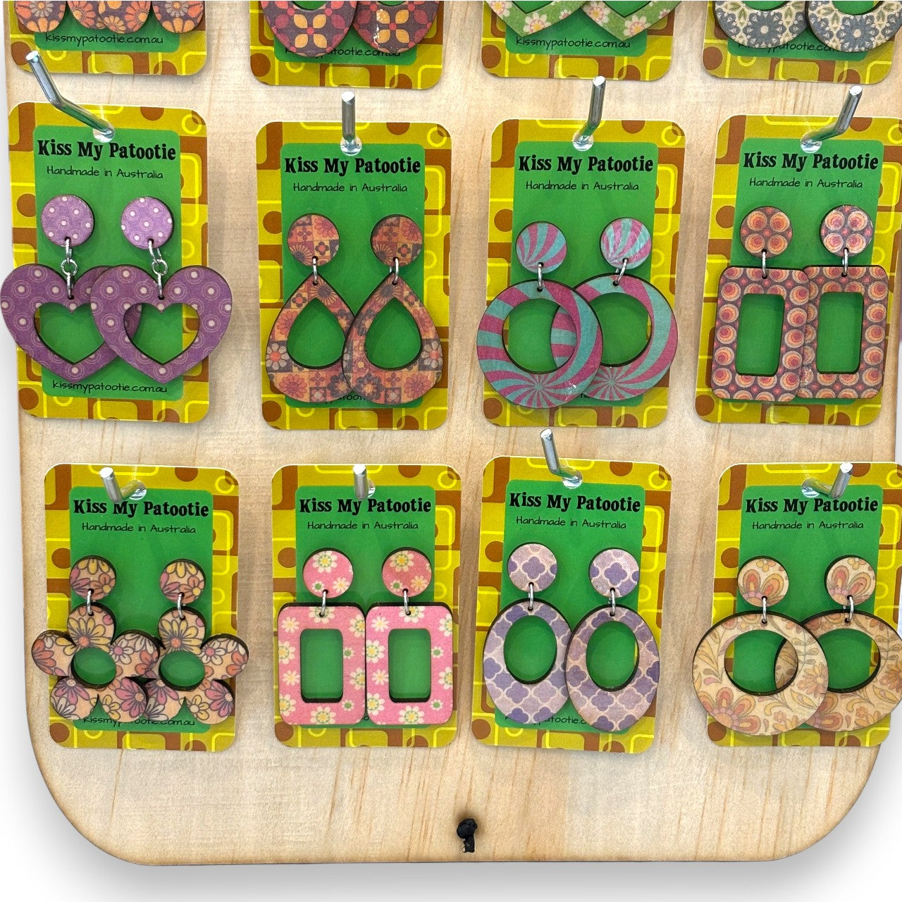 Retro wooden earrings wholesale starter pack - 24 x earrings & Free display stand