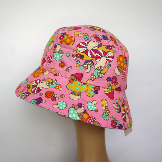 Baby / Kids Reversible Bucket Hat - pink mushrooms