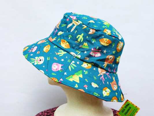 Reversible Bucket Hat - Woodland animals - girls sizes 3 mths - 6 yrs