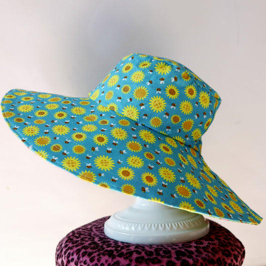 Wide Brim Reversible Sun Hat - green woodland trees, bees