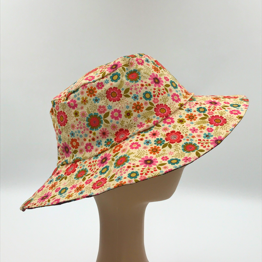 Reversible Sun Hat - Ladies & Girls size - brown & cream floral