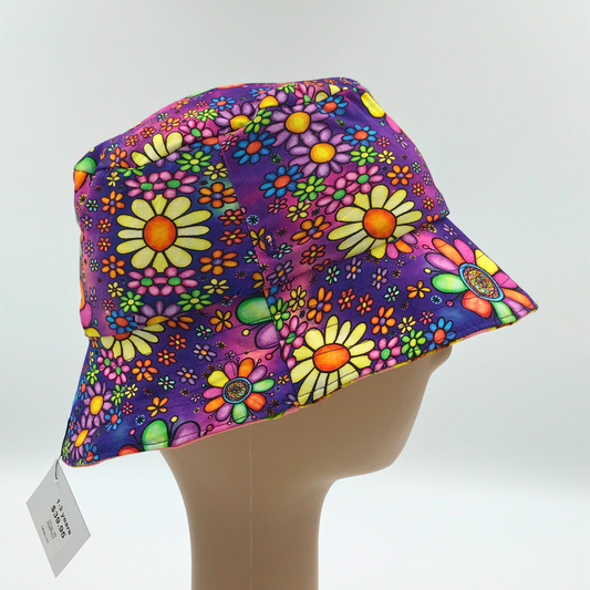 Baby / Kids Reversible Bucket Hat - purple floral / sunflowers