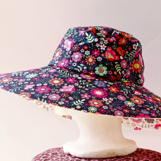 Wide Brim Reversible Sun Hat - blue floral