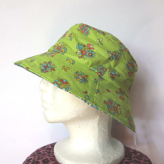 Reversible Bucket Hat - girls sizes 3 mths - 6 yrs - lime green floral