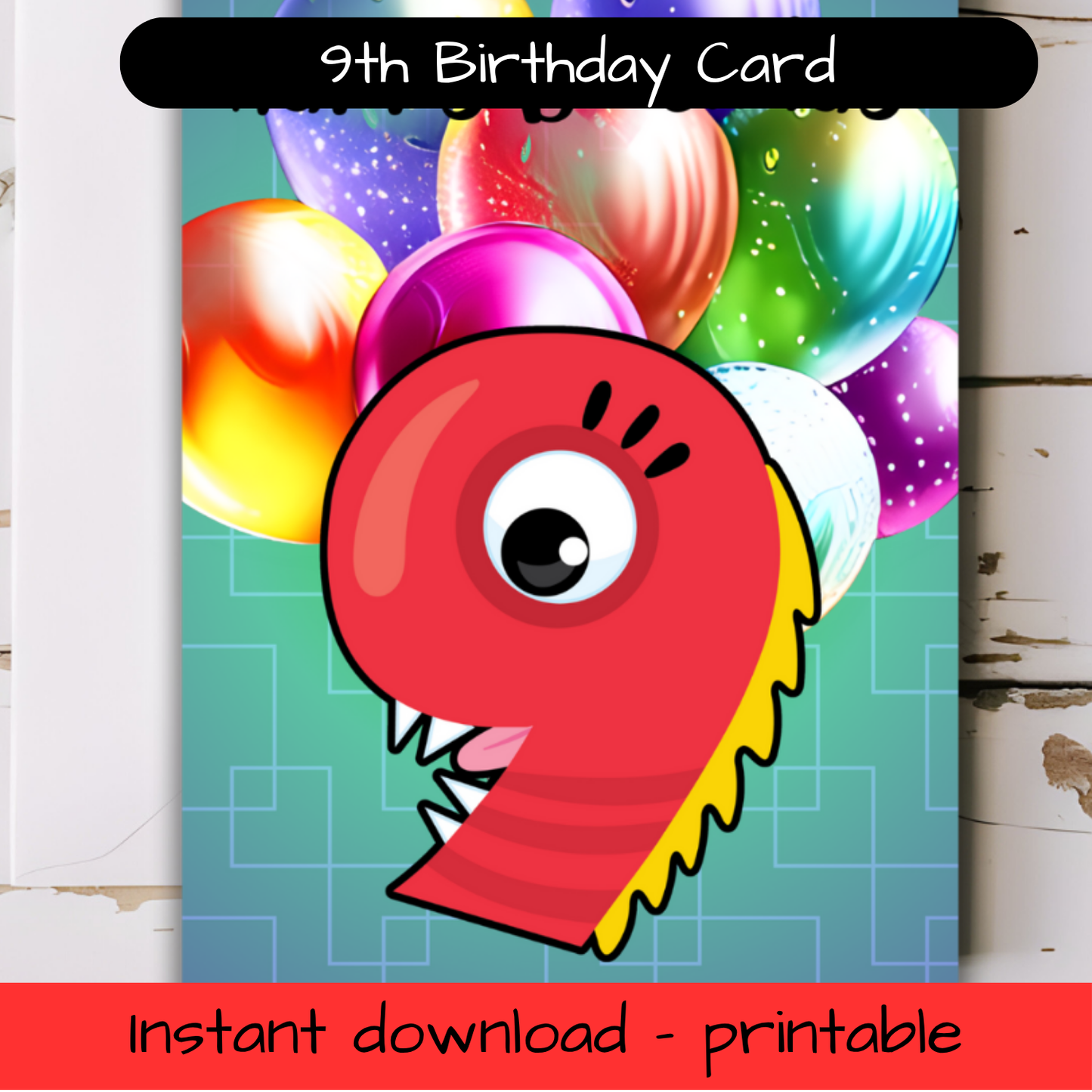 Birthday Greeting card with envelope - 9 years old - printable