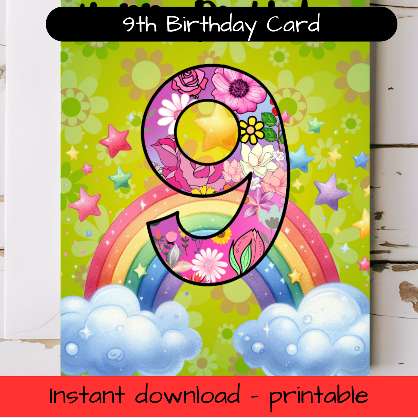Birthday Greeting card with envelope - 9 years old - printable