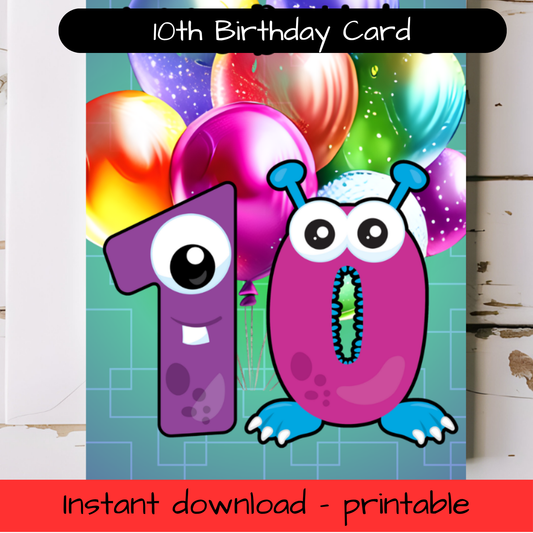 Birthday Greeting card with envelope - 10 years old - printable
