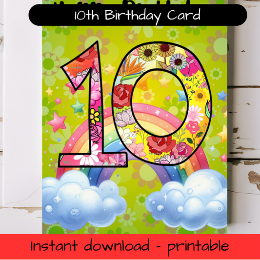 Birthday Greeting card with envelope - 10 years old - printable