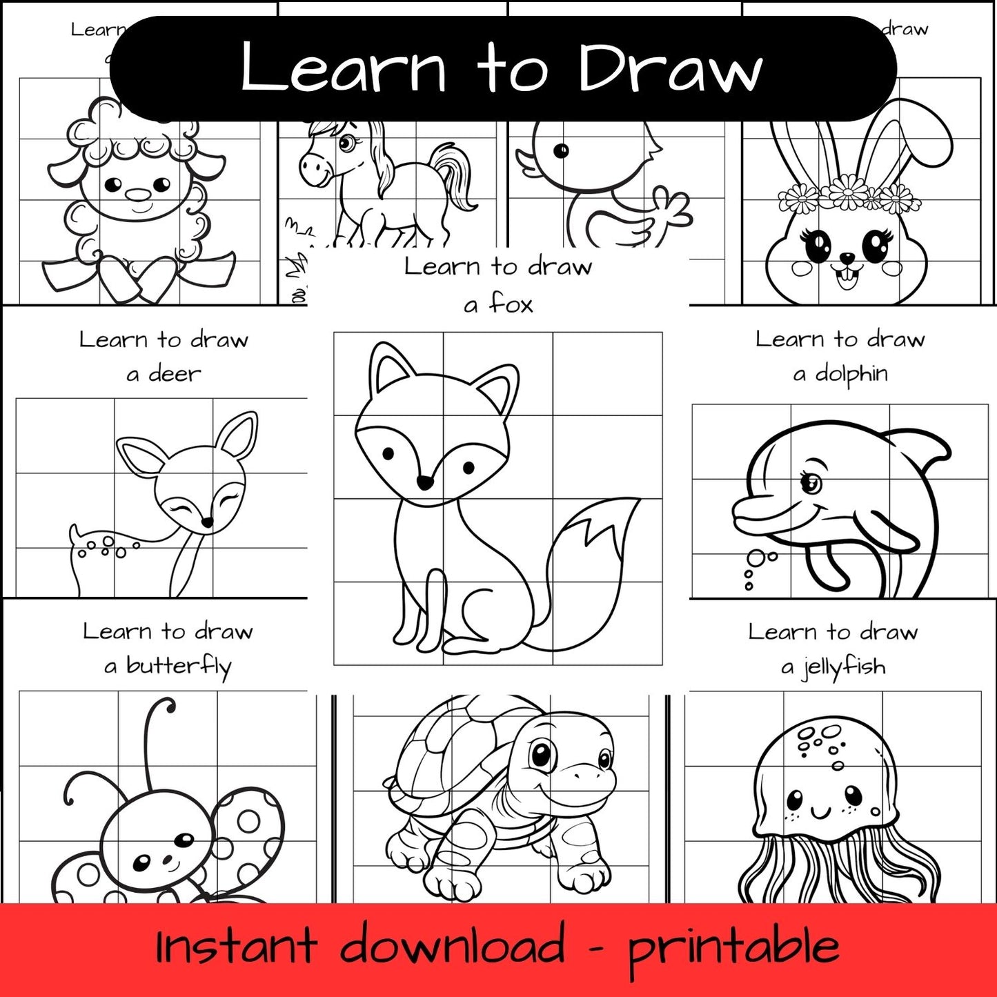 Learn to Draw Animals bundle - 10 grid drawing printable activities
