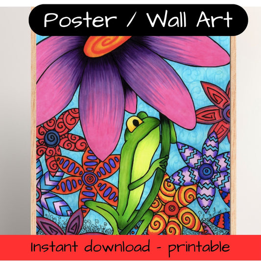 Printable kids wall art - frog in a flower garden