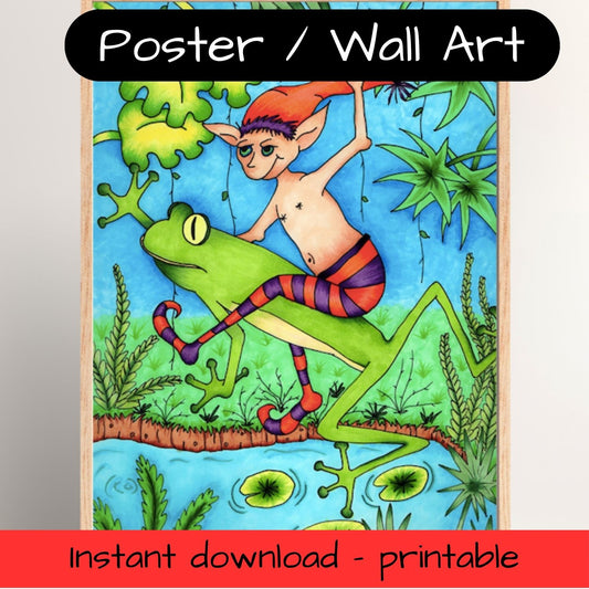 Printable kids wall art - elf riding a frog