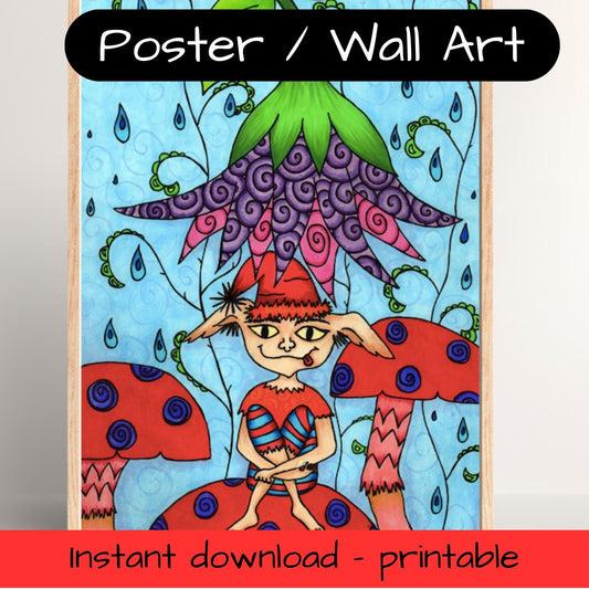 Printable kids wall art - elf on a mushroom