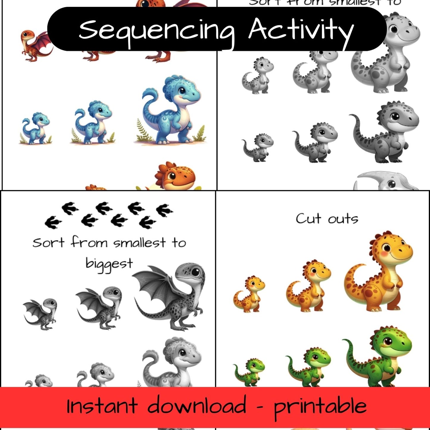 Printable Dinosaur activity sheets - size sequencing