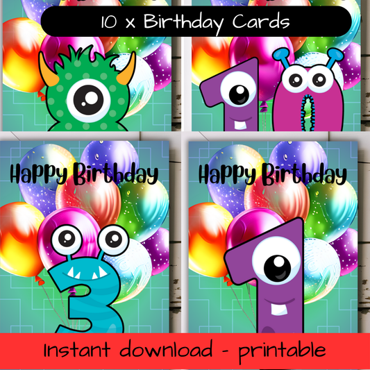 Birthday Greeting card bulk set with envelopes - ages 1 to 10 - printable