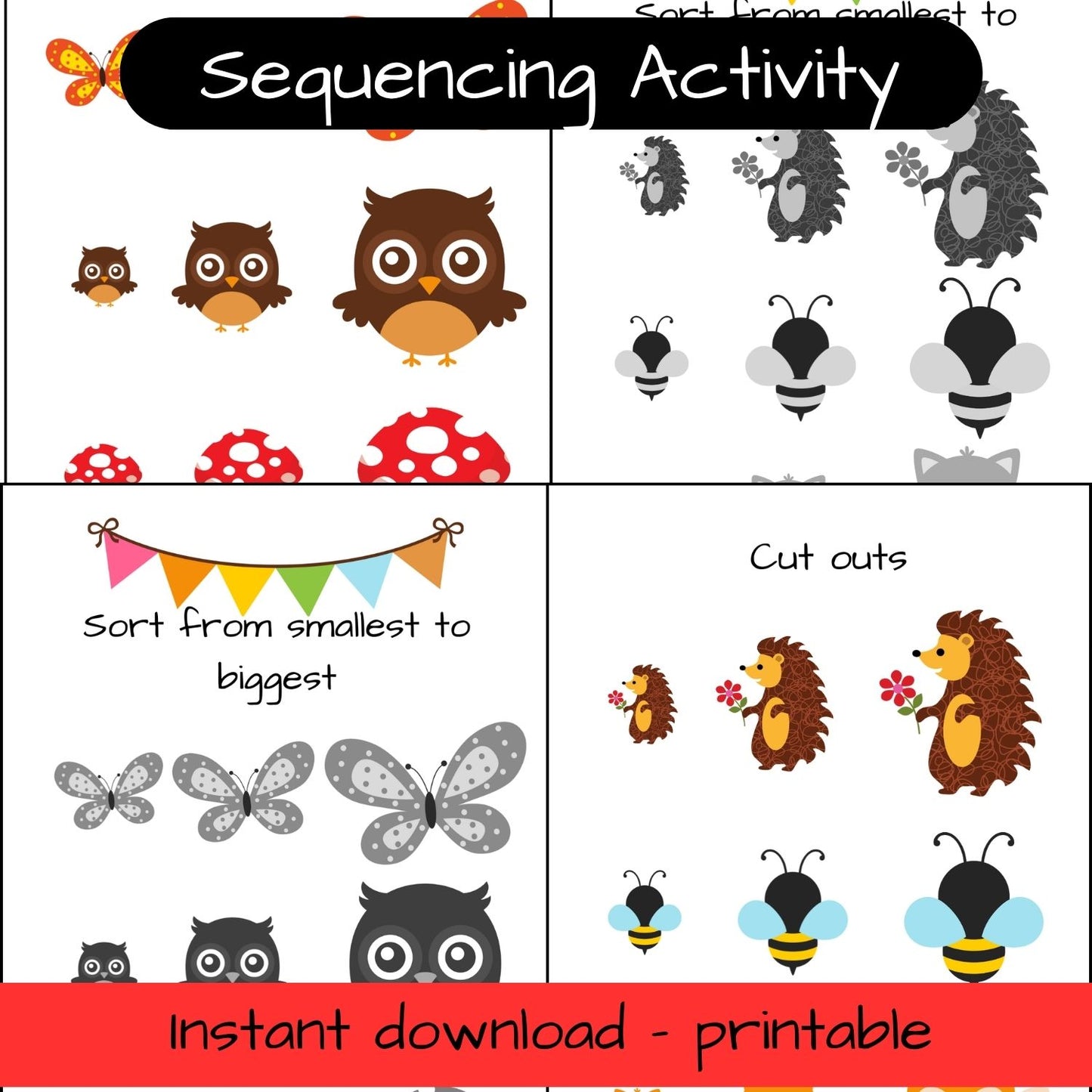 Printable Woodland Animal activity sheets - size sequencing
