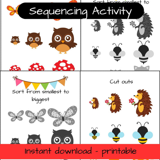 Printable Woodland Animal activity sheets - size sequencing