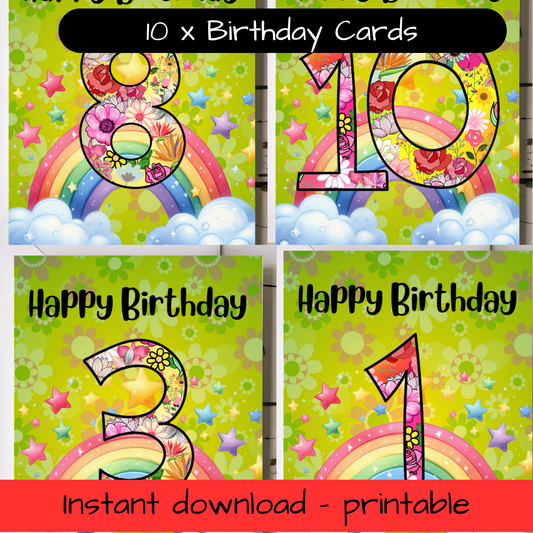 Birthday Greeting card bulk set with envelopes - ages 1 to 10 - printable