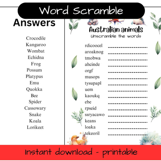 Printable Australian animals colouring in word scramble