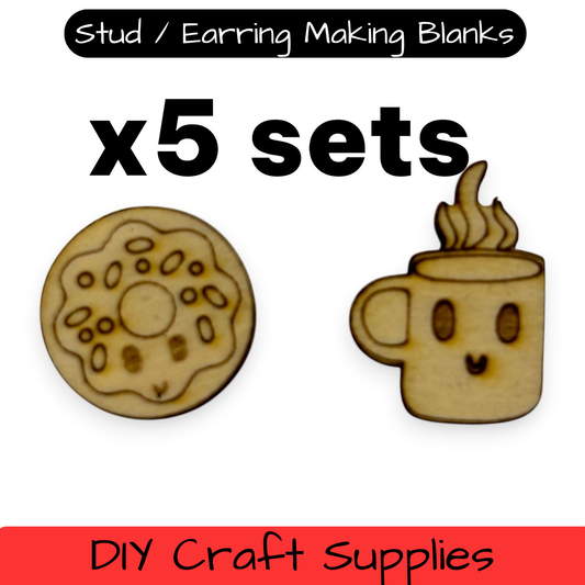Wooden Food Earring Blanks for DIY Jewellery Making, scrapbooking - Studs - 10pc Laser Cut Set