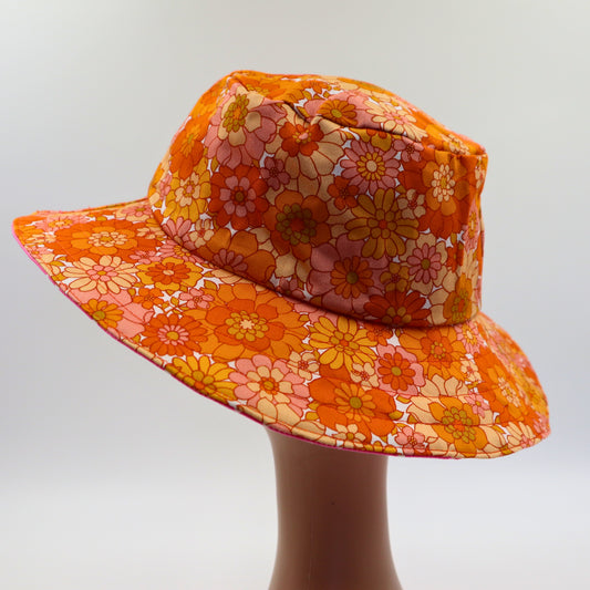 Reversible Sun Hat - Ladies & Girls sizes - orange daisy / flower power