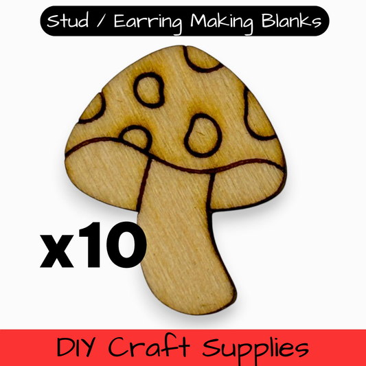 Wooden Mushroom Earring Blanks for DIY Jewellery Making, scrapbooking - Studs - 10pc Laser Cut Pieces