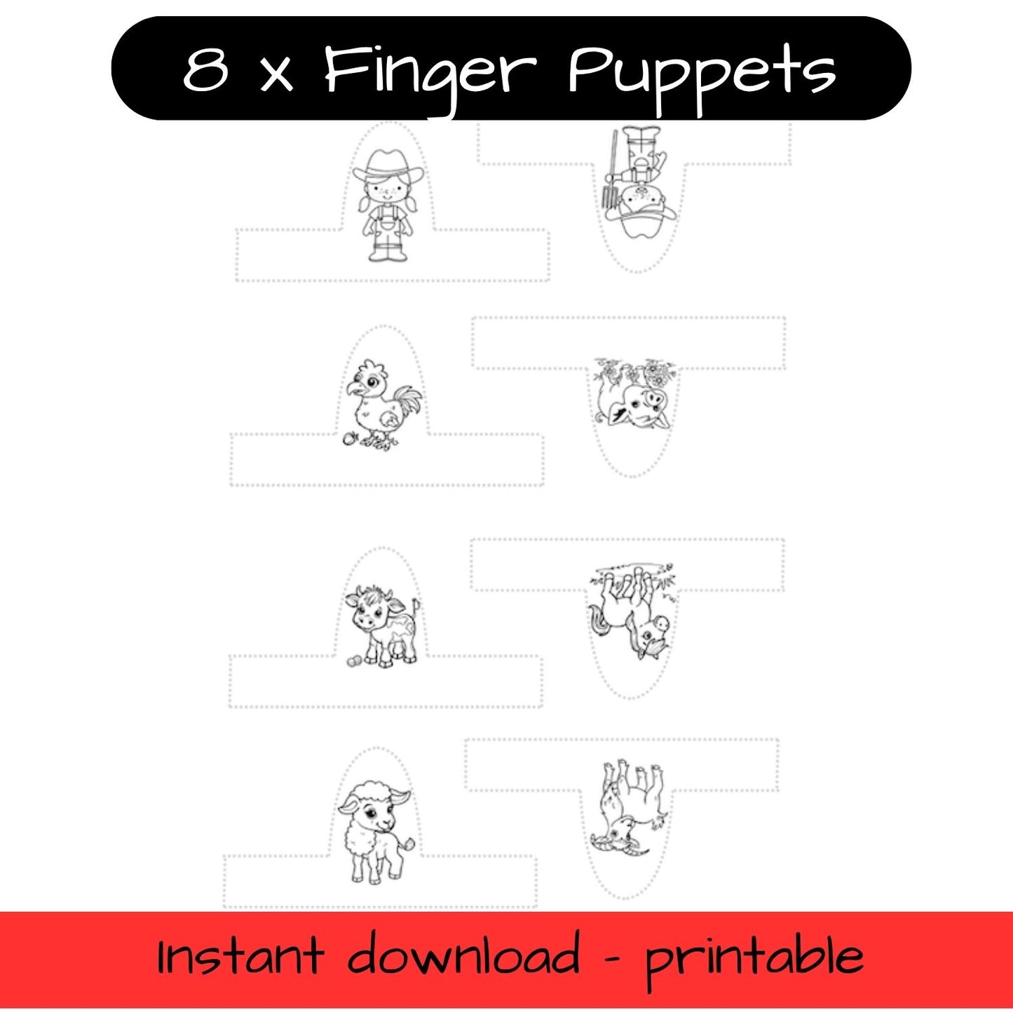 Printable Farm Animals finger puppets - colouring, pretend play