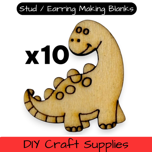 Wooden Dinosaur Earring Blanks for DIY Jewellery Making, Scrapbooking - Studs - 10pc Laser Cut Set