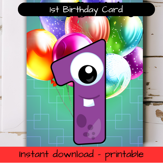 Birthday Greeting card with envelope - 1 year old - printable
